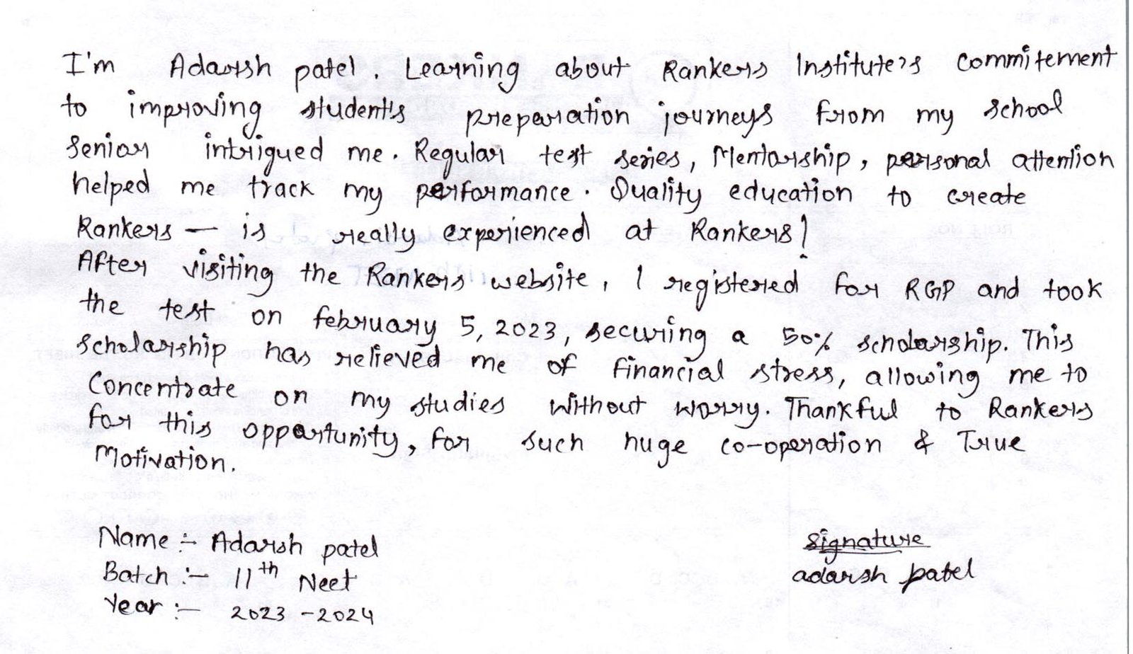 adarsh patel Testimonial